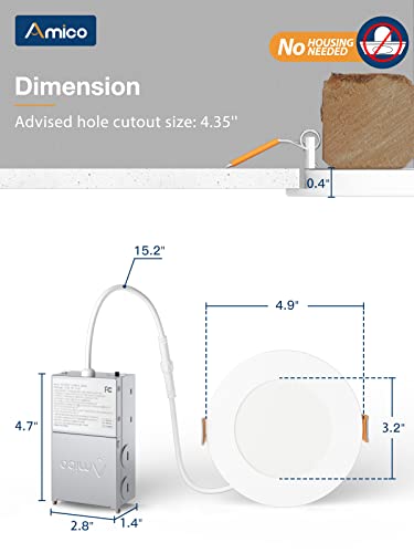 Amico 24 Pack 4 Inch 5CCT Ultra-Thin LED Recessed Ceiling Light with Junction Box, 2700K/3000K/3500K/4000K/5000K Selectable, 10W Eqv 60W, Dimmable Can Light, 800LM High Brightness Downlight - ETL&FCC