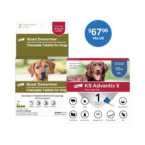 Elanco Quad Dewormer Chewable Tablets for Large Dogs and K9 Advantix II Vet-Recommended Flea, Tick, and Mosquito Prevention for XL Dogs | 2-count + 1-pack