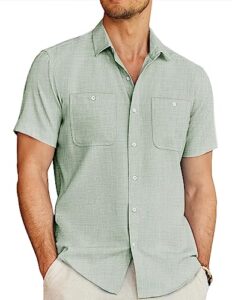 coofandy men's linen shirts casual beach button down short sleeve shirt summer light green