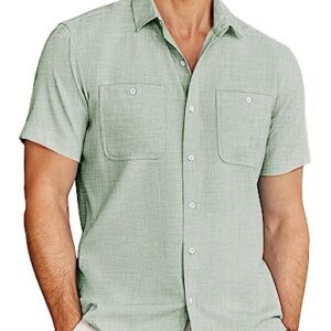 COOFANDY Men's Linen Shirts Casual Beach Button Down Short Sleeve Shirt Summer Light Green