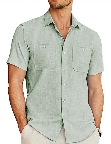 COOFANDY Men's Linen Shirts Casual Beach Button Down Short Sleeve Shirt Summer Light Green