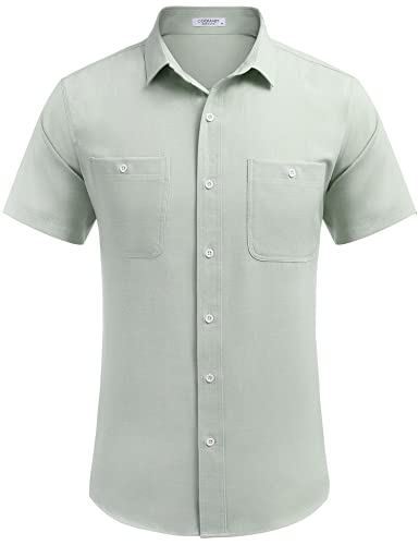 COOFANDY Men's Linen Shirts Casual Beach Button Down Short Sleeve Shirt Summer Light Green