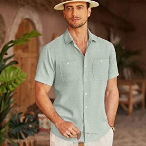 COOFANDY Men's Linen Shirts Casual Beach Button Down Short Sleeve Shirt Summer Light Green