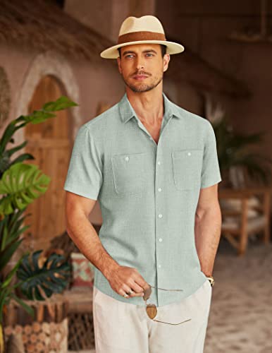 COOFANDY Men's Linen Shirts Casual Beach Button Down Short Sleeve Shirt Summer Light Green