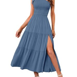 MEROKEETY Women's One Shoulder Sleeveless Shirred High Waist Swing A-Line Midi Maxi Dress,Dustyblue,S