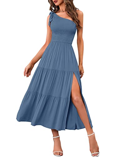 MEROKEETY Women's One Shoulder Sleeveless Shirred High Waist Swing A-Line Midi Maxi Dress,Dustyblue,S