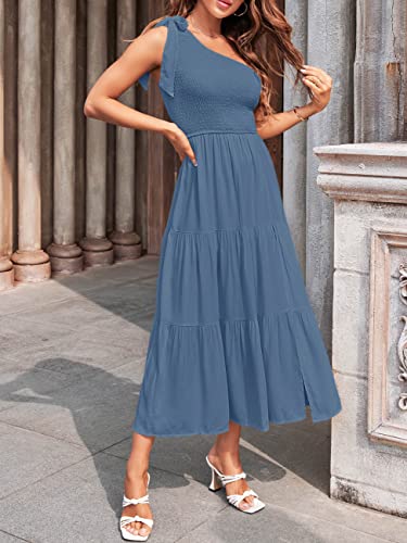 MEROKEETY Women's One Shoulder Sleeveless Shirred High Waist Swing A-Line Midi Maxi Dress,Dustyblue,S