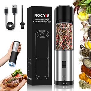 rocyis usb rechargeable electric salt and pepper grinder-gravity automatic spice mill w/led light, adjustable coarseness, one hand operated smart kitchen gadgets, silver