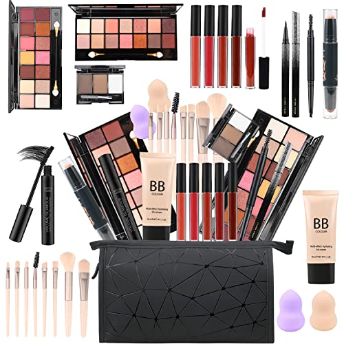 All in One Makeup Kit Full Kit Multipurpose Essential with Eyeshadow Palette,Lip Gloss,Foundation,Mascara,Eyebrow Pencil,Eyeliner,Contour Stick,Powder Puff,Makeup Brushes,Cosmetic Bag,Makeup Set for Women (T001)