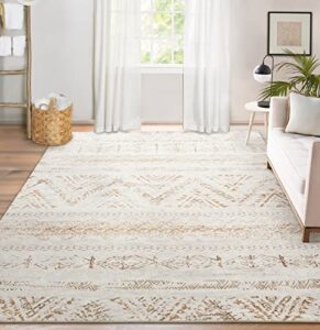 area rug living room carpet: 5x7 large moroccan soft fluffy geometric washable bedroom rugs dining room home office nursery low pile decor under kitchen table light brown/ivory