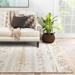 Area Rug Living Room Carpet: 5x7 Large Moroccan Soft Fluffy Geometric Washable Bedroom Rugs Dining Room Home Office Nursery Low Pile Decor Under Kitchen Table Light Brown/Ivory