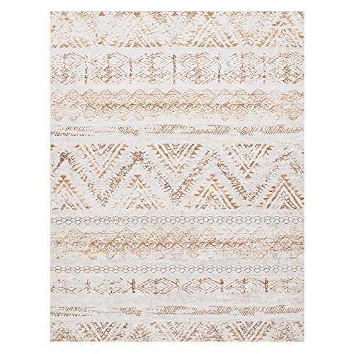 Area Rug Living Room Carpet: 5x7 Large Moroccan Soft Fluffy Geometric Washable Bedroom Rugs Dining Room Home Office Nursery Low Pile Decor Under Kitchen Table Light Brown/Ivory