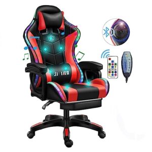 boyidai gaming chair with footrest, ergonomic gaming chair with speakers and led light high back massage video game chairs pu leather comfortable computer office chair (color : red+black)