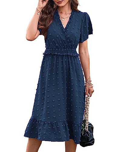 BTFBM Women's Summer Elegant Short Sleeve V Neck Swiss Dot Midi Dresses Cute Boho High Waist Long Dresses A-Line Ruffle Dress（Solid Navy,Large