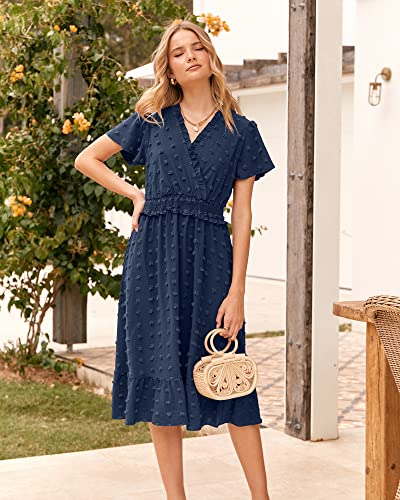 BTFBM Women's Summer Elegant Short Sleeve V Neck Swiss Dot Midi Dresses Cute Boho High Waist Long Dresses A-Line Ruffle Dress（Solid Navy,Large