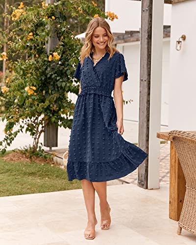 BTFBM Women's Summer Elegant Short Sleeve V Neck Swiss Dot Midi Dresses Cute Boho High Waist Long Dresses A-Line Ruffle Dress（Solid Navy,Large