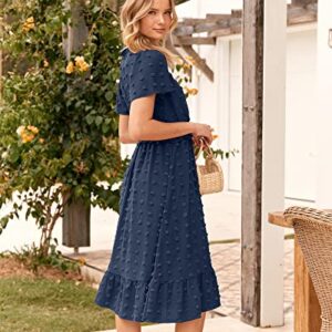 BTFBM Women's Summer Elegant Short Sleeve V Neck Swiss Dot Midi Dresses Cute Boho High Waist Long Dresses A-Line Ruffle Dress（Solid Navy,Large