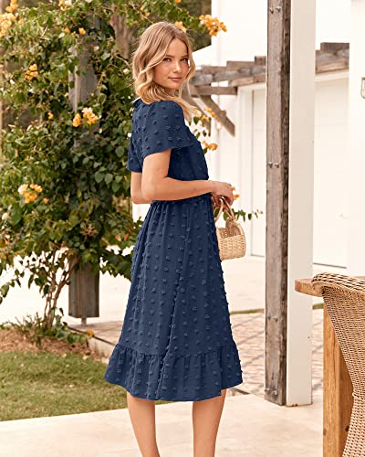 BTFBM Women's Summer Elegant Short Sleeve V Neck Swiss Dot Midi Dresses Cute Boho High Waist Long Dresses A-Line Ruffle Dress（Solid Navy,Large