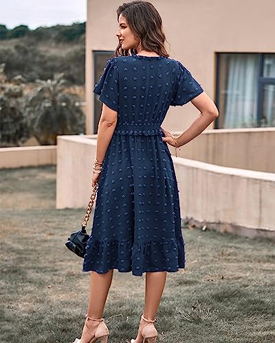 BTFBM Women's Summer Elegant Short Sleeve V Neck Swiss Dot Midi Dresses Cute Boho High Waist Long Dresses A-Line Ruffle Dress（Solid Navy,Large