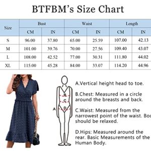 BTFBM Women's Summer Elegant Short Sleeve V Neck Swiss Dot Midi Dresses Cute Boho High Waist Long Dresses A-Line Ruffle Dress（Solid Navy,Large