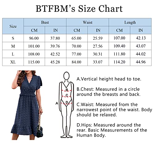 BTFBM Women's Summer Elegant Short Sleeve V Neck Swiss Dot Midi Dresses Cute Boho High Waist Long Dresses A-Line Ruffle Dress（Solid Navy,Large