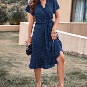 BTFBM Women's Summer Elegant Short Sleeve V Neck Swiss Dot Midi Dresses Cute Boho High Waist Long Dresses A-Line Ruffle Dress（Solid Navy,Large