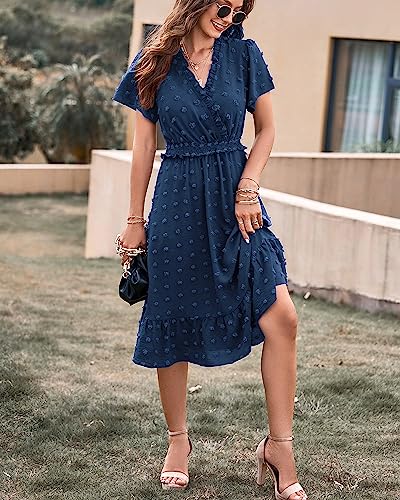 BTFBM Women's Summer Elegant Short Sleeve V Neck Swiss Dot Midi Dresses Cute Boho High Waist Long Dresses A-Line Ruffle Dress（Solid Navy,Large