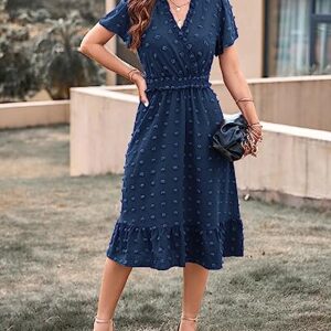 BTFBM Women's Summer Elegant Short Sleeve V Neck Swiss Dot Midi Dresses Cute Boho High Waist Long Dresses A-Line Ruffle Dress（Solid Navy,Large