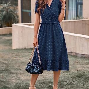 BTFBM Women's Summer Elegant Short Sleeve V Neck Swiss Dot Midi Dresses Cute Boho High Waist Long Dresses A-Line Ruffle Dress（Solid Navy,Large