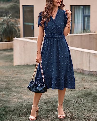 BTFBM Women's Summer Elegant Short Sleeve V Neck Swiss Dot Midi Dresses Cute Boho High Waist Long Dresses A-Line Ruffle Dress（Solid Navy,Large