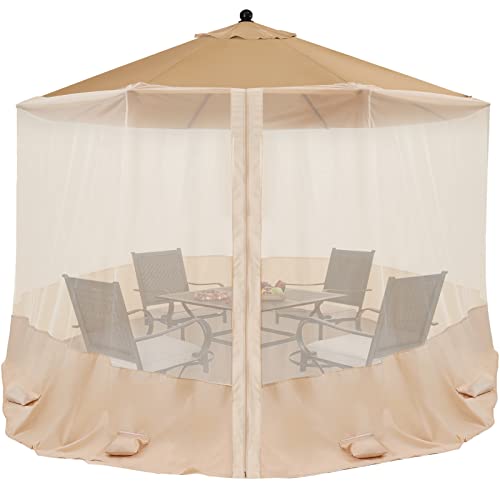 COOSHADE 7.5-11FT Patio Umbrella Mosquito Netting Polyester Screen Mesh Net for Outdoor Umbrella with Zipper Door and Weight Bag Beige