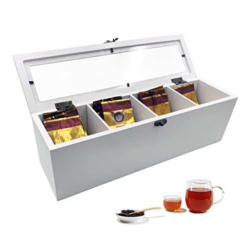 Tea Bag Organizer,Tea Organizer for Tea Bags Wood White 4 Compartment Tea Box Tea Bag Holder With Transparent Plexiglas Window For Tea Bags, Coffee Bags, Storage Tea Box For Tea Bags Organizer