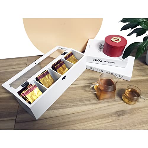 Tea Bag Organizer,Tea Organizer for Tea Bags Wood White 4 Compartment Tea Box Tea Bag Holder With Transparent Plexiglas Window For Tea Bags, Coffee Bags, Storage Tea Box For Tea Bags Organizer