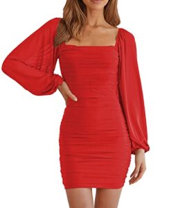 merokeety women square neck long sleeve mesh ruched bodycon cocktail party mini dress red medium