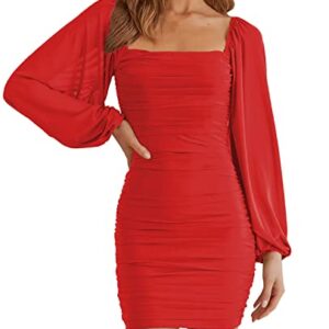 MEROKEETY Women Square Neck Long Sleeve Mesh Ruched Bodycon Cocktail Party Mini Dress Red Medium