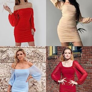 MEROKEETY Women Square Neck Long Sleeve Mesh Ruched Bodycon Cocktail Party Mini Dress Red Medium