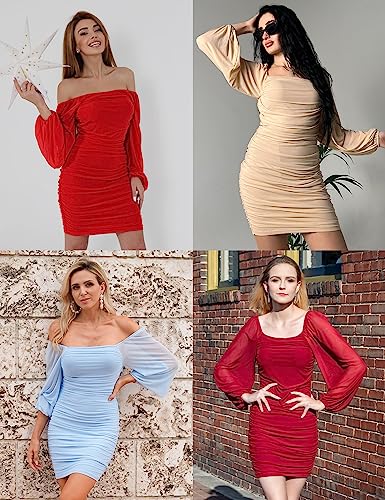 MEROKEETY Women Square Neck Long Sleeve Mesh Ruched Bodycon Cocktail Party Mini Dress Red Medium