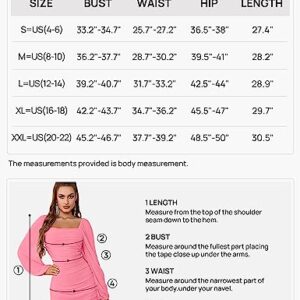 MEROKEETY Women Square Neck Long Sleeve Mesh Ruched Bodycon Cocktail Party Mini Dress Red Medium