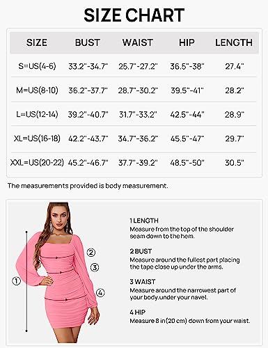 MEROKEETY Women Square Neck Long Sleeve Mesh Ruched Bodycon Cocktail Party Mini Dress Red Medium