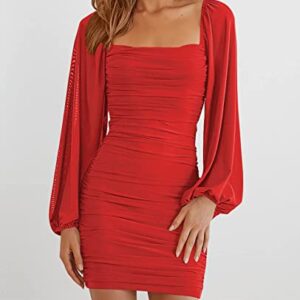 MEROKEETY Women Square Neck Long Sleeve Mesh Ruched Bodycon Cocktail Party Mini Dress Red Medium