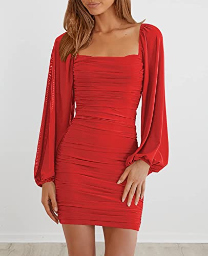 MEROKEETY Women Square Neck Long Sleeve Mesh Ruched Bodycon Cocktail Party Mini Dress Red Medium