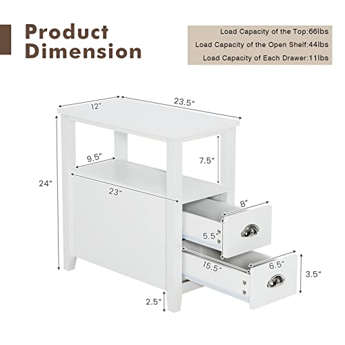 Giantex End Table Wooden W/ 2 Drawers and Shelf Space-Saving Rectangular Bedside Table with Metal Handle, Retro Side Table for Living Room Bedroom Home Furniture Side Table (1, White)