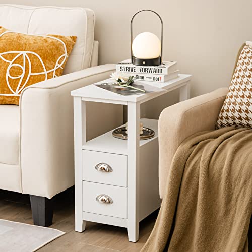 Giantex End Table Wooden W/ 2 Drawers and Shelf Space-Saving Rectangular Bedside Table with Metal Handle, Retro Side Table for Living Room Bedroom Home Furniture Side Table (1, White)