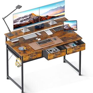 odk 47 inch small computer desk with fabric drawers, home office desk with adjustable monitor stand, modern work study writing table desk, vintage