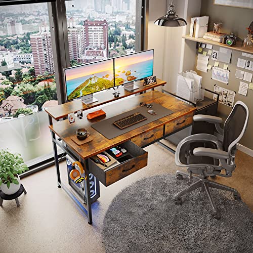 ODK 47 inch Small Computer Desk with Fabric Drawers, Home Office Desk with Adjustable Monitor Stand, Modern Work Study Writing Table Desk, Vintage