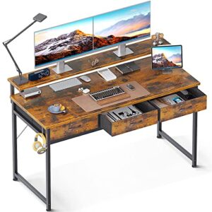 odk 55 inch computer desk with drawers, home office desk with adjustable monitor stand, modern work study writing table desk, vintage