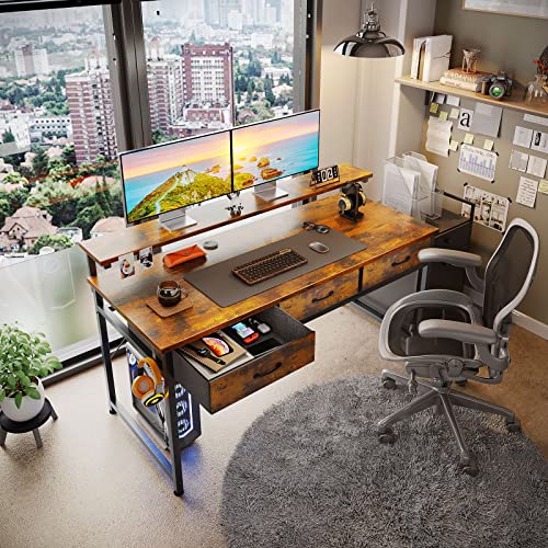 ODK 55 inch Computer Desk with Drawers, Home Office Desk with Adjustable Monitor Stand, Modern Work Study Writing Table Desk, Vintage