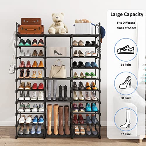 Plzlove 10 Tiers Shoe Rack Organizer for Closet & Entryway, Tall Metal Shoe Shelf Storage 54-62 Pairs, Extra Large Shoe Stand Black Stackable Boot Rack for Garage, Bedroom, Cloakroom with Hooks