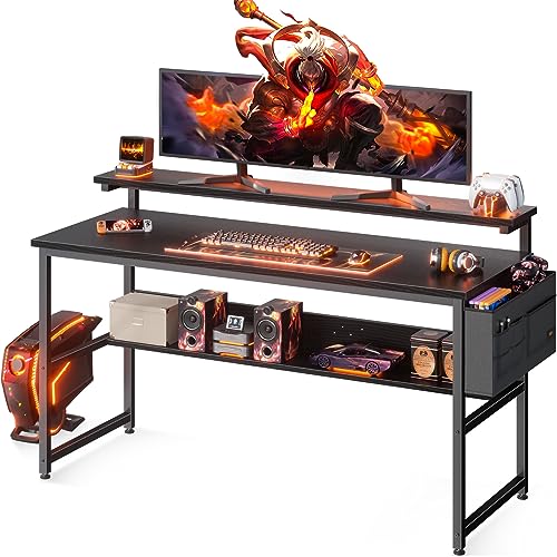 ODK Gaming Desk with Adjustable Monitor Stand (3.2", 4.3", 5.5"), 47 Inch Computer Desk with Storage Bag, Gamer Desk with Under-Desk Shelf, Simple Modern Style Laptop Desk for Small Space,Black