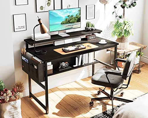 ODK Gaming Desk with Adjustable Monitor Stand (3.2", 4.3", 5.5"), 47 Inch Computer Desk with Storage Bag, Gamer Desk with Under-Desk Shelf, Simple Modern Style Laptop Desk for Small Space,Black